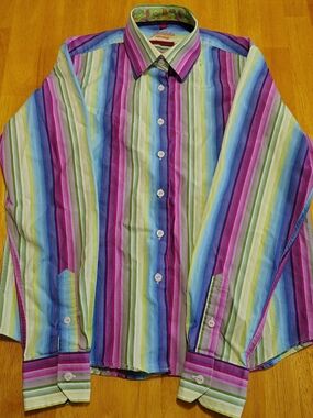 NWOT Luchiano Visconti Men’s M Shirt 2-Ply Mercerized Cotton Technicolor Stripe